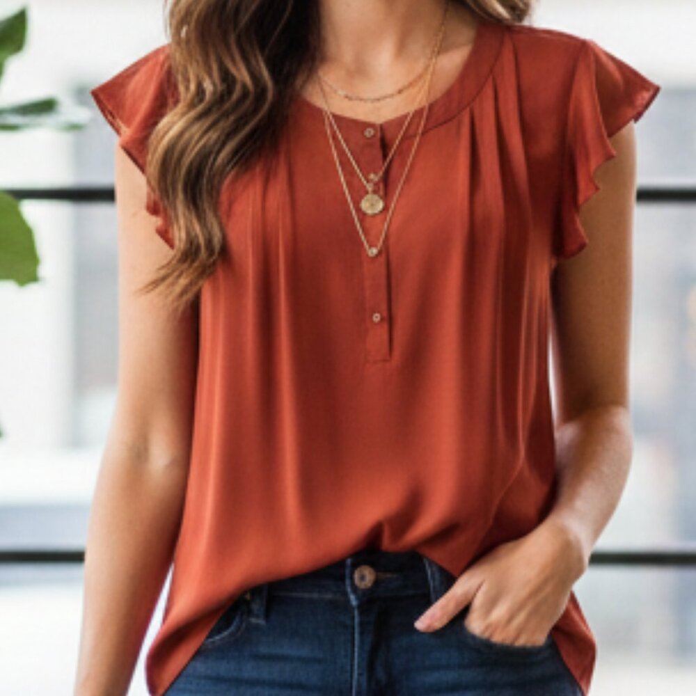 Boho Flutter Sleeve Daniel Rainn Rust Orange Pleated Blouse PXS Petite